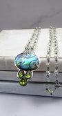 Sterling Silver Multicolor Abalone Pendant with 3 Tear Drop Peridot on a Clear Crysal Rosary Chain