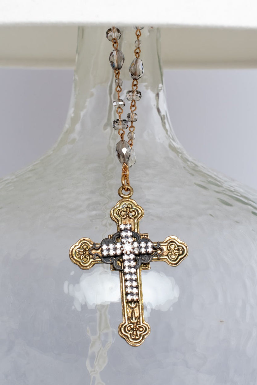 Floral Metal Gold Cross with Filigree and Rhinestones in a Home Decor Ornament with Gray Crystal Rosary Chain Hanger