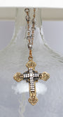 Floral Metal Gold Cross with Filigree and Rhinestones in a Home Decor Ornament with Gray Crystal Rosary Chain Hanger