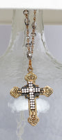 Floral Metal Gold Cross with Filigree and Rhinestones in a Home Decor Ornament with Gray Crystal Rosary Chain Hanger