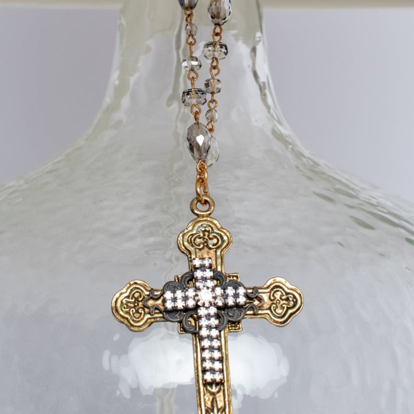 Floral Metal Gold Cross with Filigree and Rhinestones in a Home Decor Ornament with Gray Crystal Rosary Chain Hanger