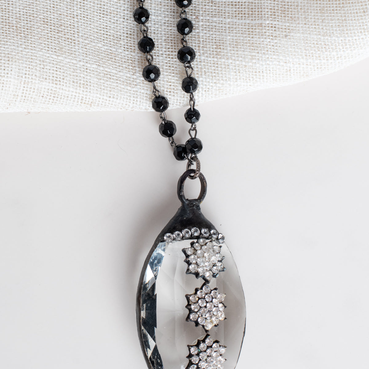 Hand Soldered Chandelier Crystal with Rhinestones in a Home Decor Ornament with Black Rosary Chain Hanger