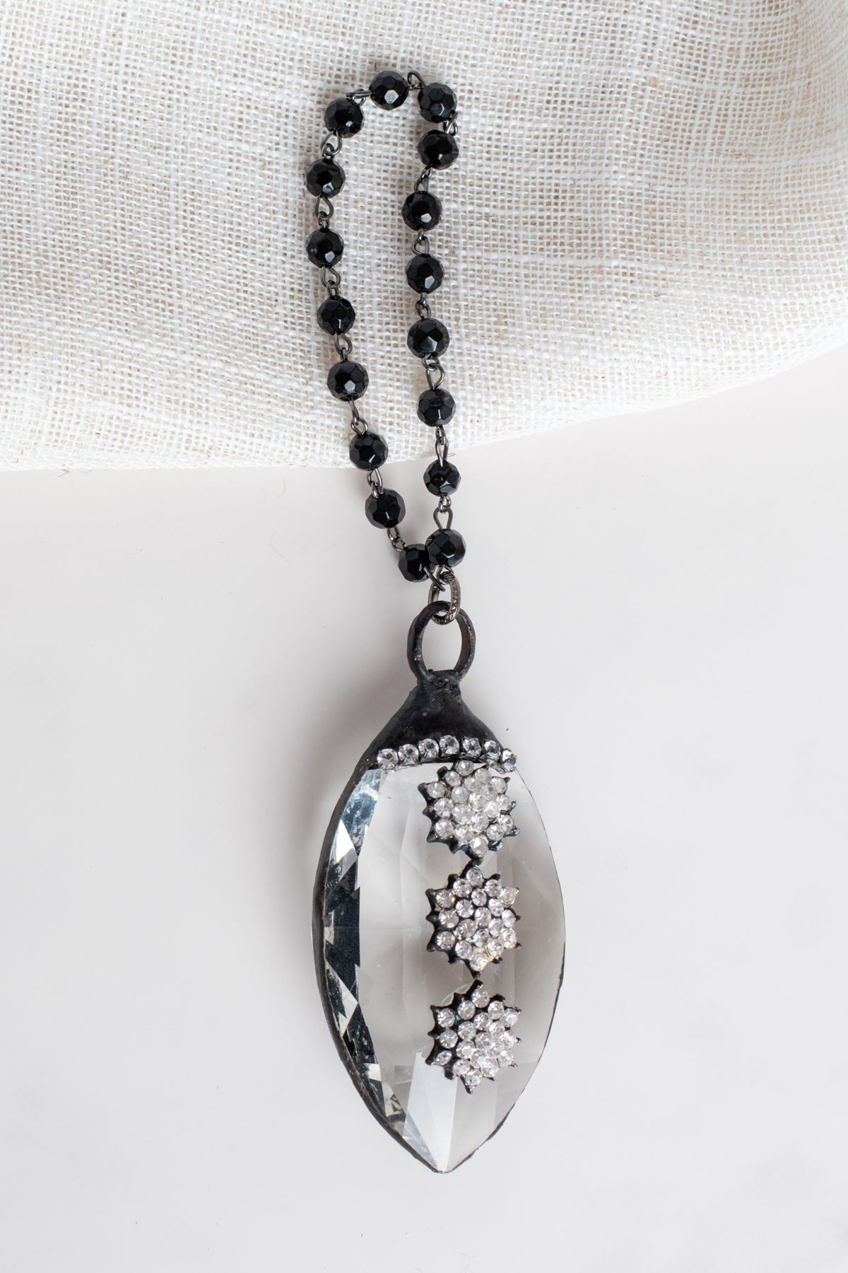 Hand Soldered Chandelier Crystal with Rhinestones in a Home Decor Ornament with Black Rosary Chain Hanger