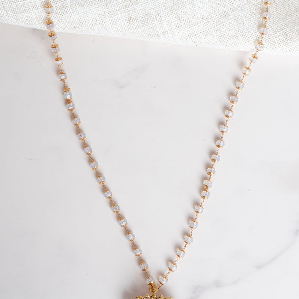 Vintage Signed "Florenza" Cameo Crown Brooch Pendant on Crystal Rosary Chain Necklace