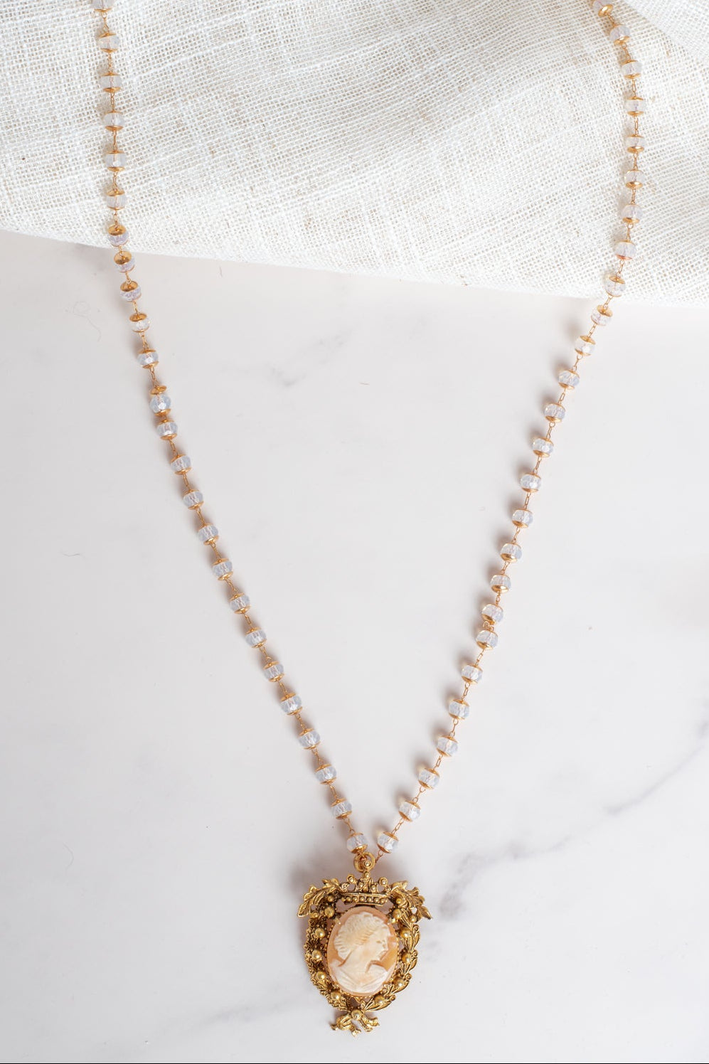 Vintage Signed "Florenza" Cameo Crown Brooch Pendant on Crystal Rosary Chain Necklace