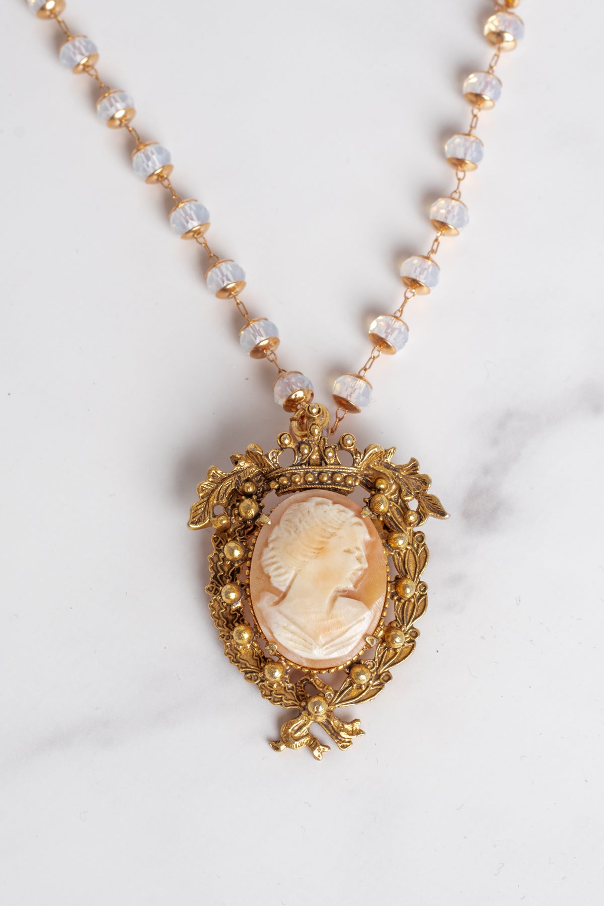 Vintage Signed "Florenza" Cameo Crown Brooch Pendant on Crystal Rosary Chain Necklace
