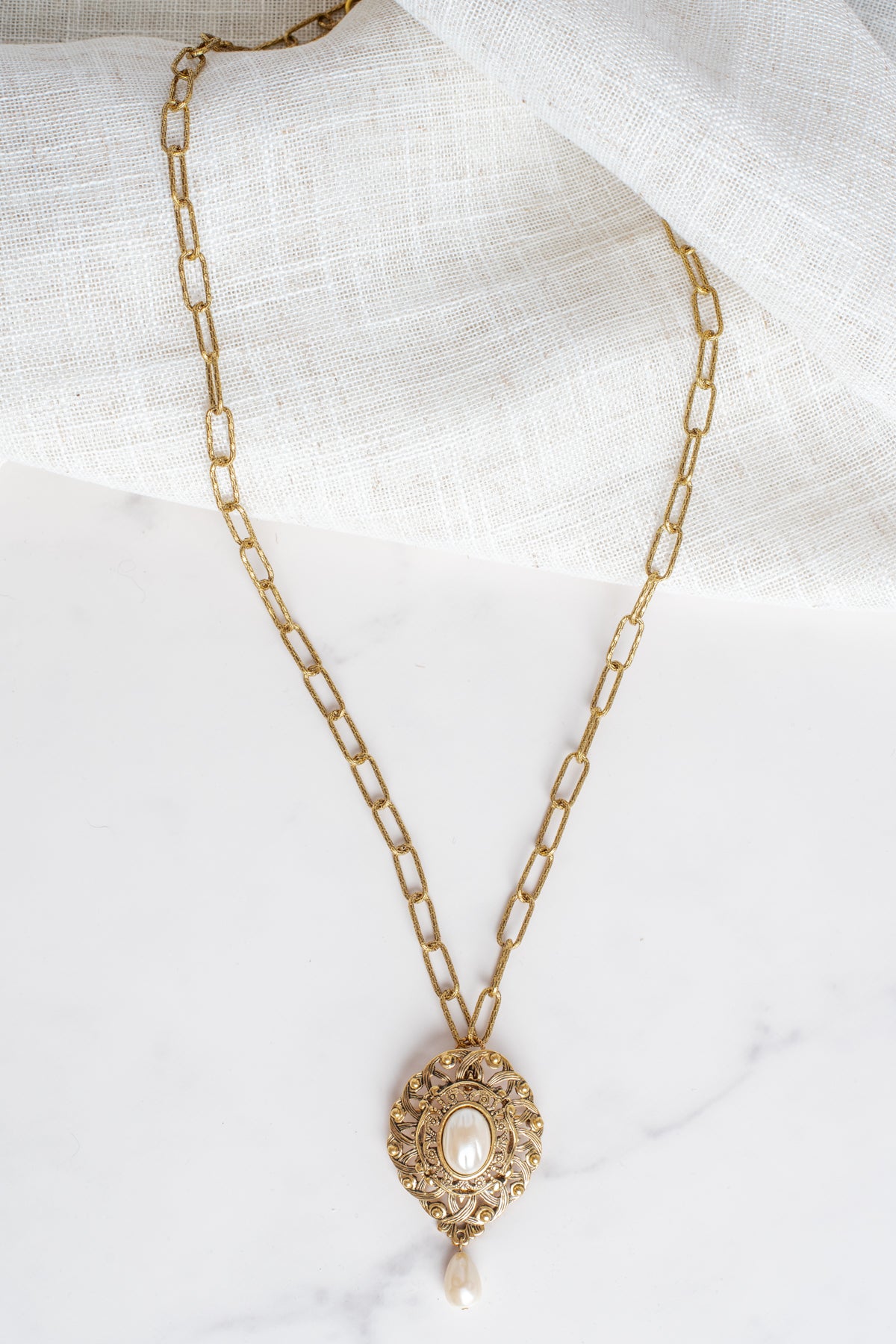 Vintage Gold Filigree and Faux Pearl Brooch Pendant on a Designer Textured Paper Clip Chain Necklace