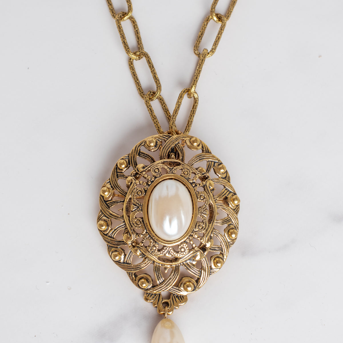 Vintage Faux Pearl Filigree Brooch Pendant on a Paper Clip Chain Necklace
