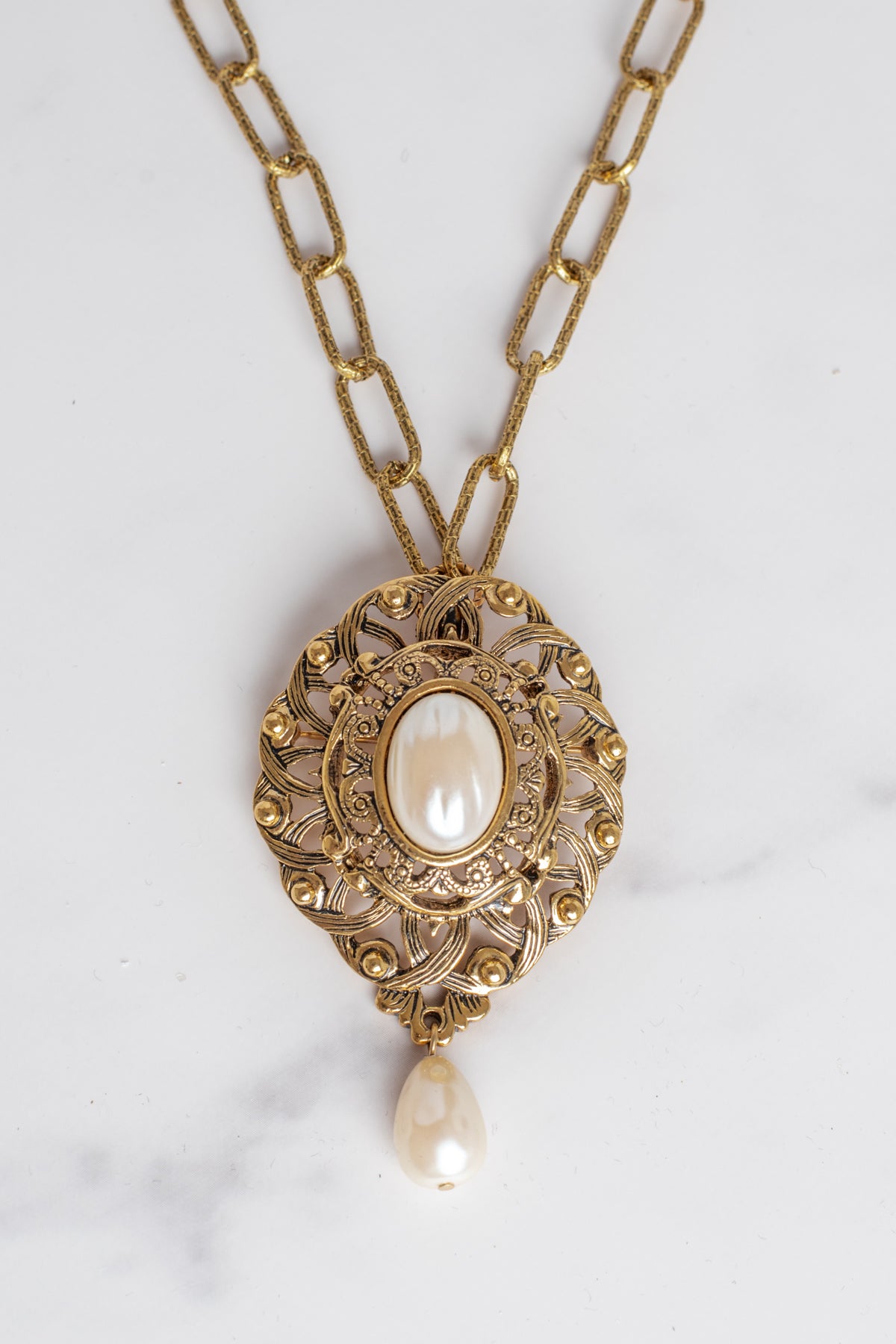 Vintage Gold Filigree and Faux Pearl Brooch Pendant on a Designer Textured Paper Clip Chain Necklace