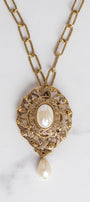 Vintage Faux Pearl Filigree Brooch Pendant on a Paper Clip Chain Necklace
