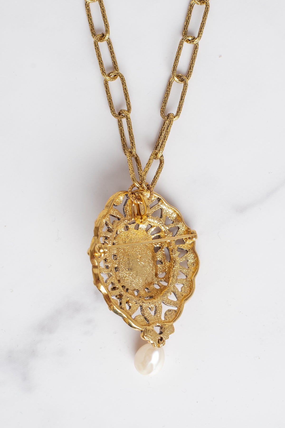 Vintage Gold Filigree and Faux Pearl Brooch Pendant on a Designer Textured Paper Clip Chain Necklace