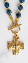 Gold Cross Pendant on a Blue Cat's Eye Stone Beaded Necklace