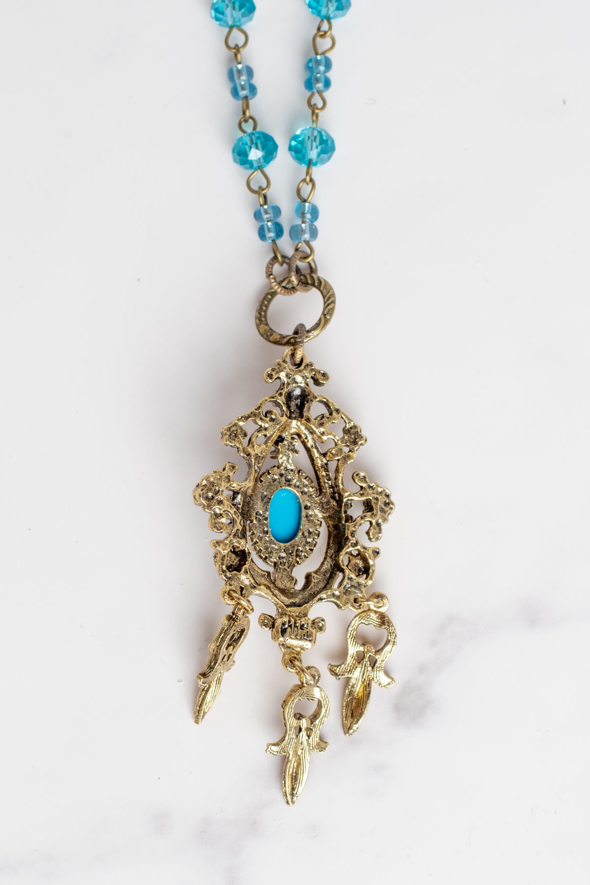 Vintage Dark Gold Designer Pendant with Red Rhinestones and Faux Turquoise on a Turquoise Crystal and Gold Rosary Chain Necklace