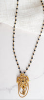 Vintage Gold Plated Florenza Collectible Brooch Pendant with Black Rhinestones, Faux Pearls, Black Enamel and Chain Draping on a Black Stone Rosary Chain Necklace