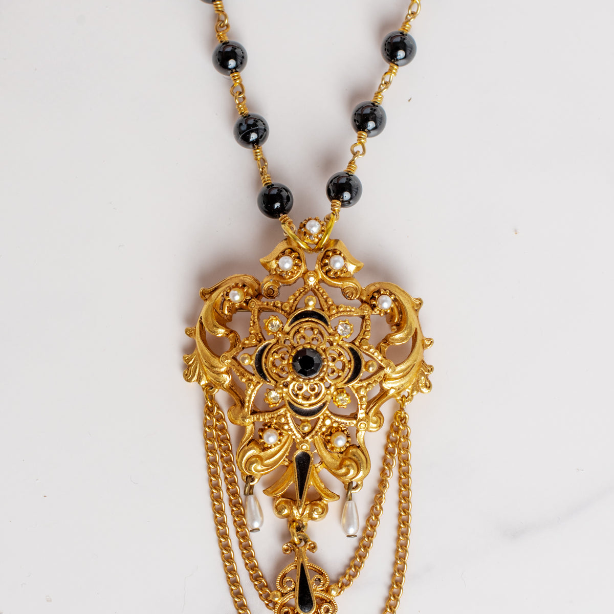 Signed Vintage Florenza Collectible Brooch Pendant on a Black Stone Rosary Chain Necklace