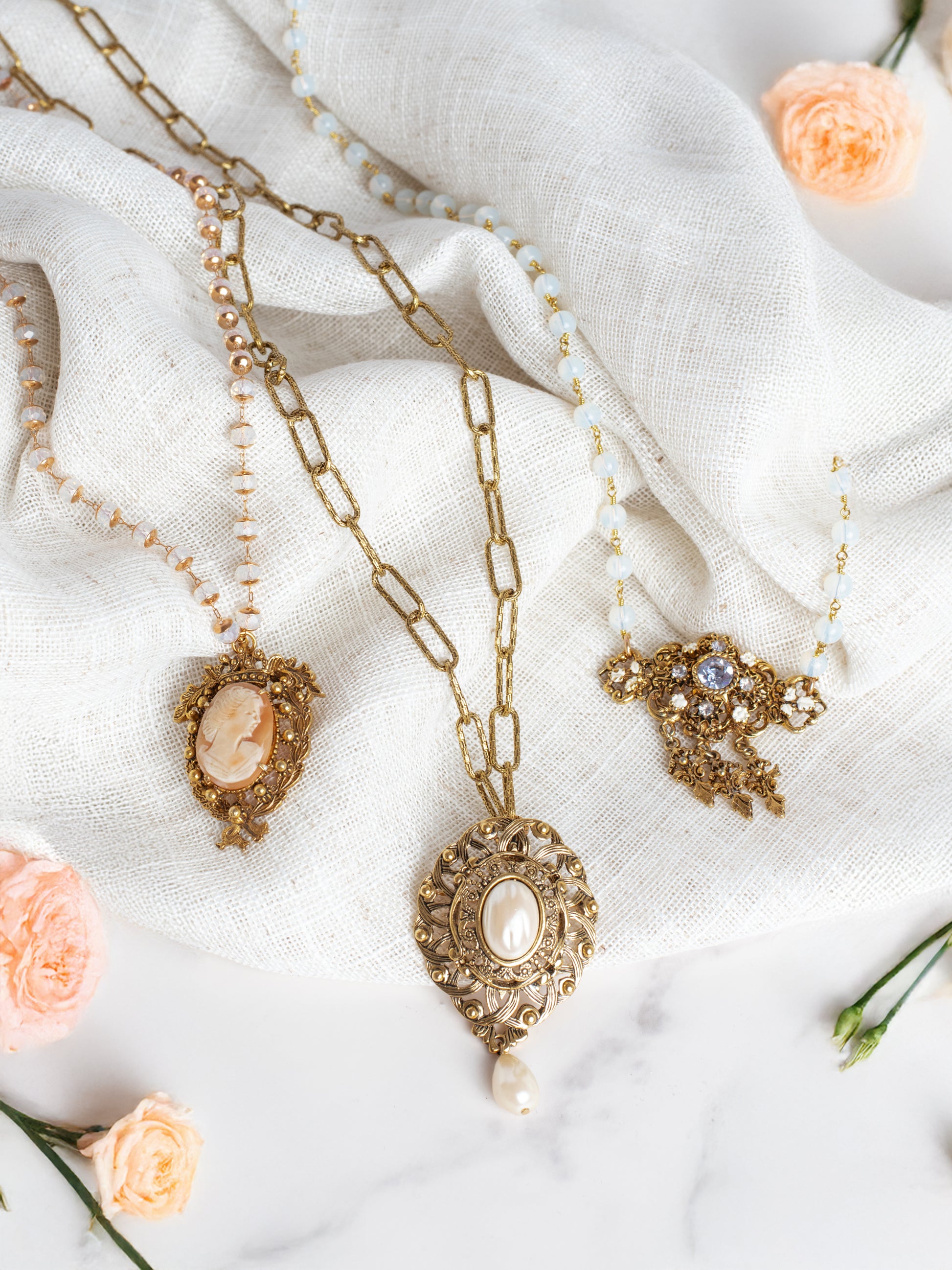 Vintage Signed "Florenza" Cameo Crown Brooch Pendant on Crystal Rosary Chain Necklace