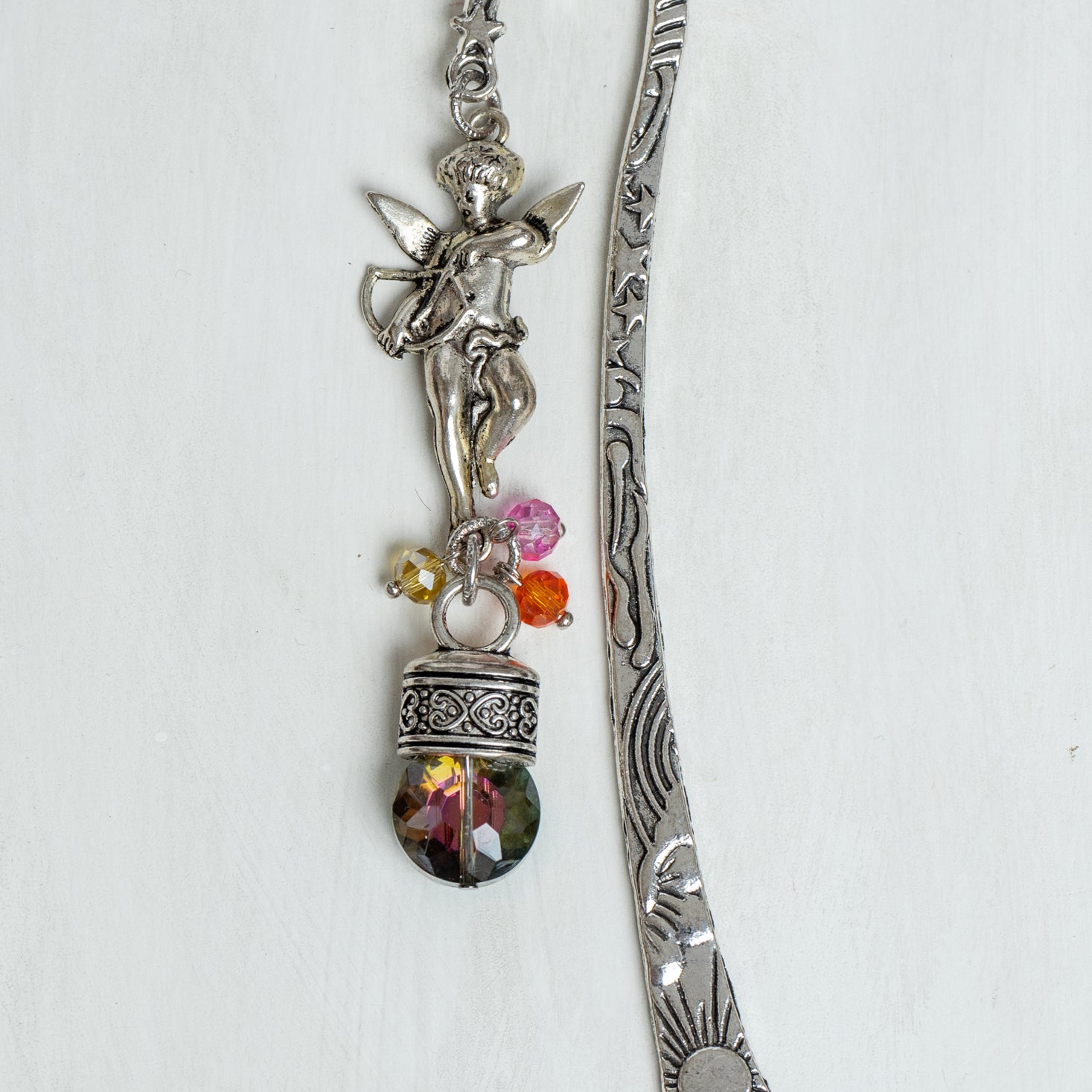 Silver Tone Angel on a Custom Shepherd's Hook Metal Bookmark with Crystal Drop