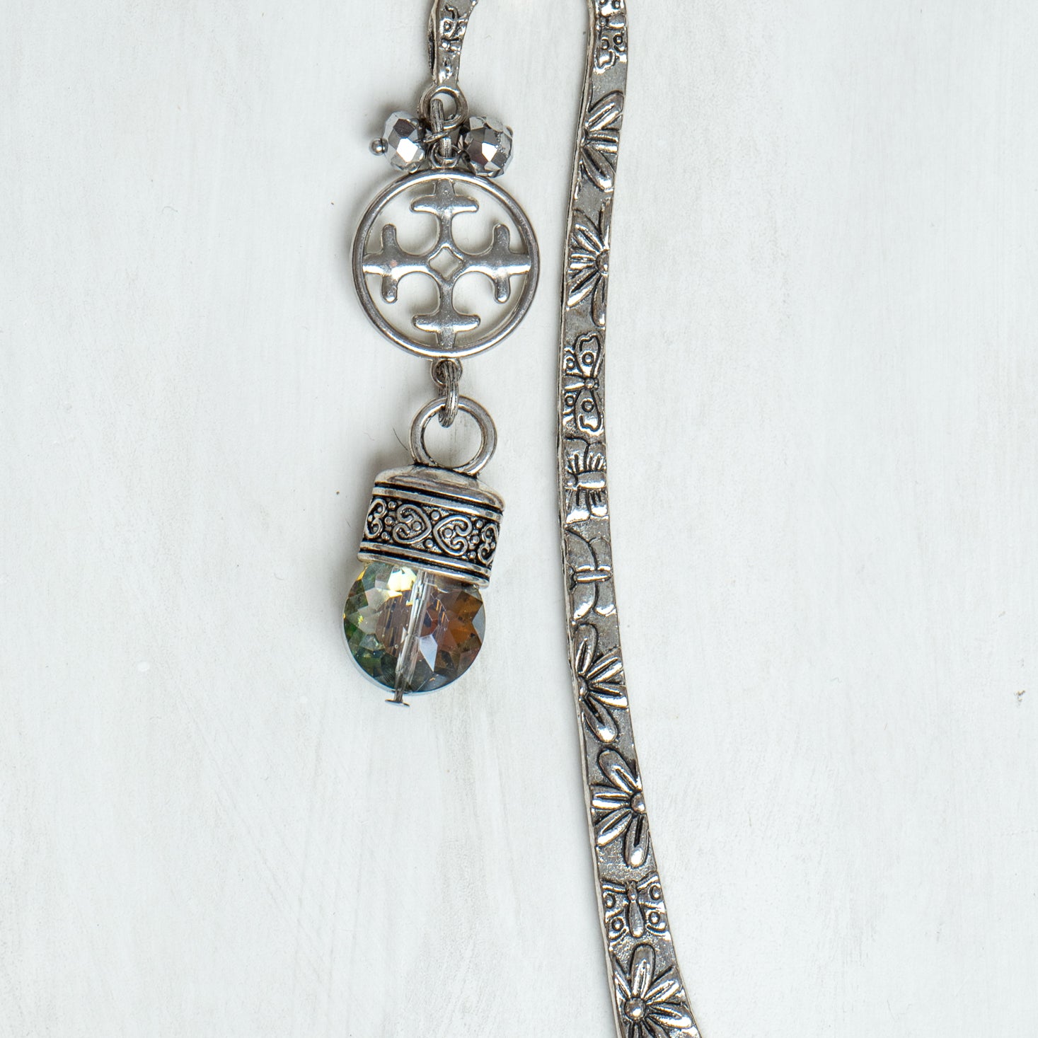 Filigree Cross and Crystal Drop on Custom Silver Tone Metal Shepherd's Hook Bookmark