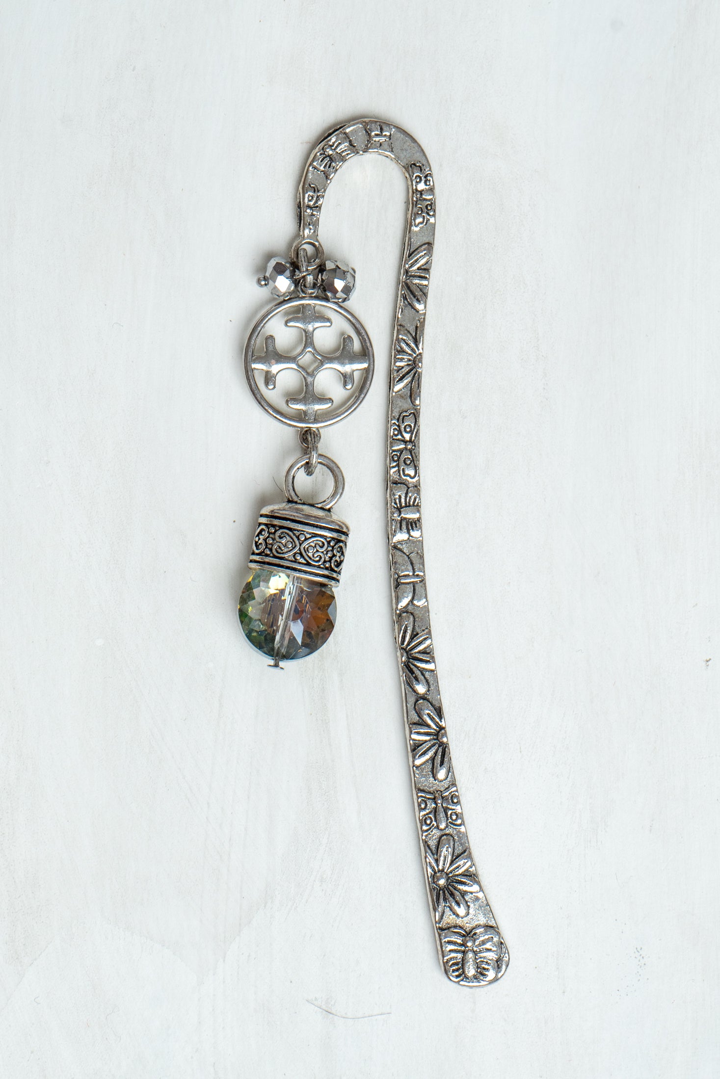 OpenCross and Crystal Drop on Custom Silver Shepherd's Hook Bookmark