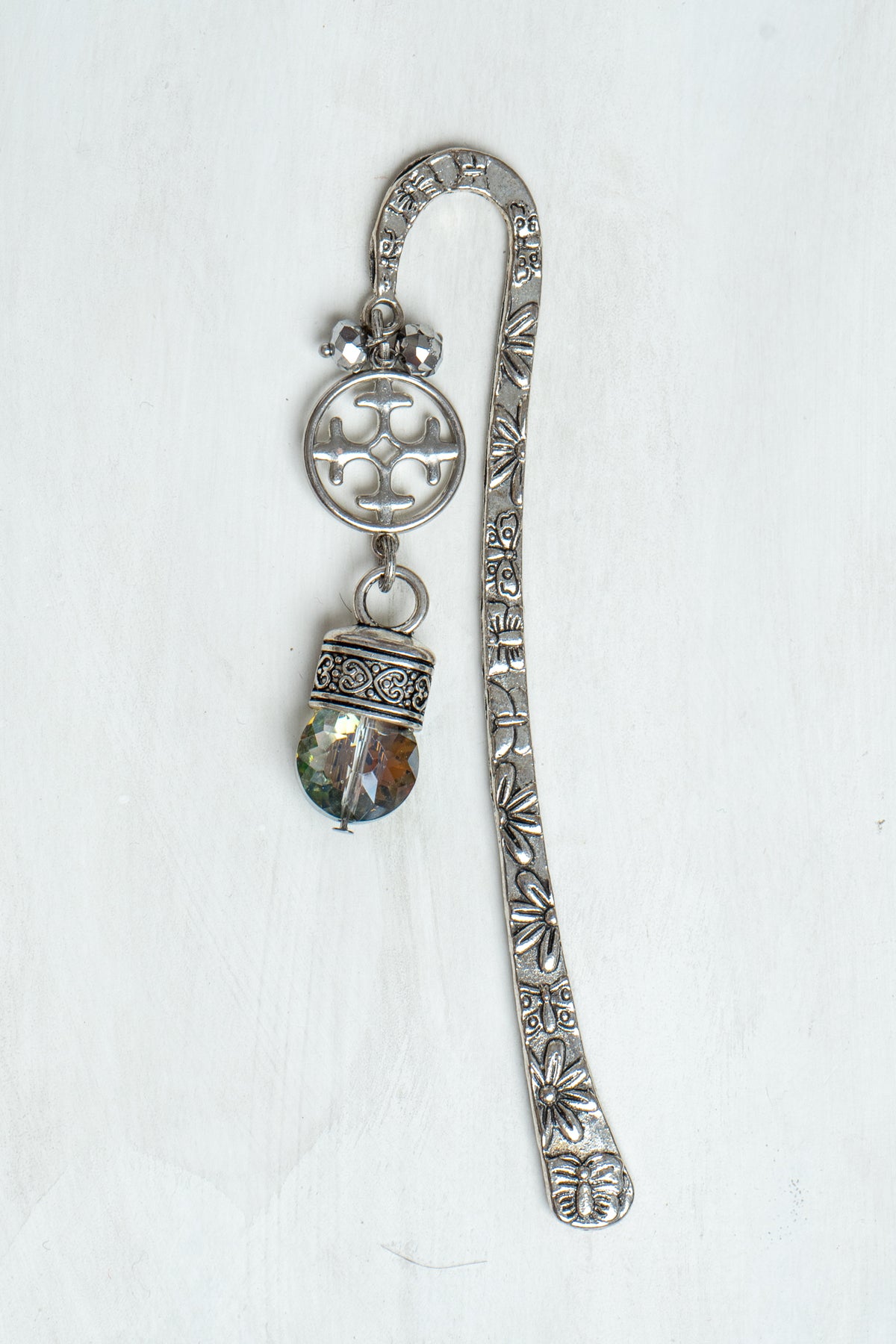 Filigree Cross and Crystal Drop on Custom Silver Tone Metal Shepherd's Hook Bookmark