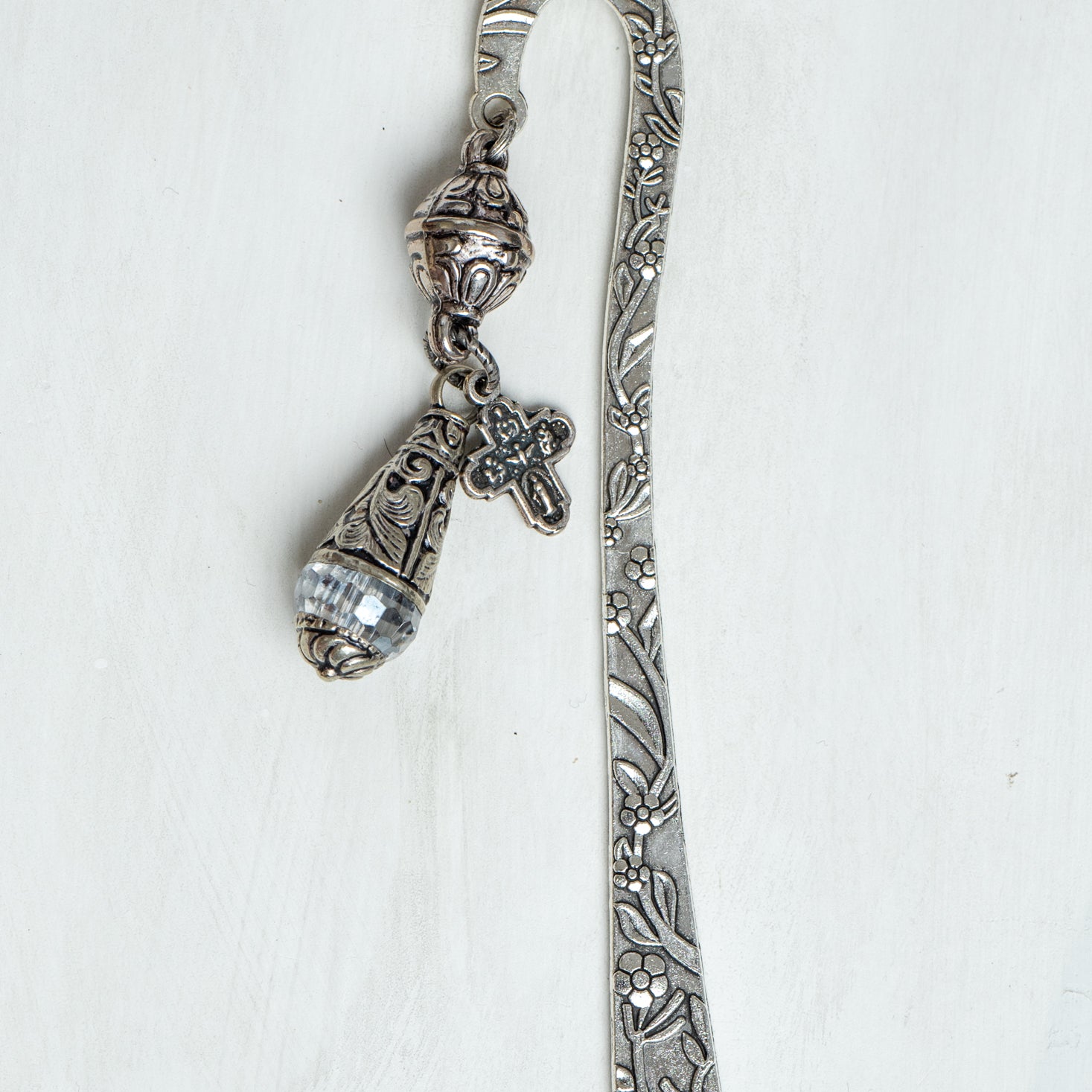 Floral Shepherd’s Hook Cross & Crystal Christian Bible Bookmark