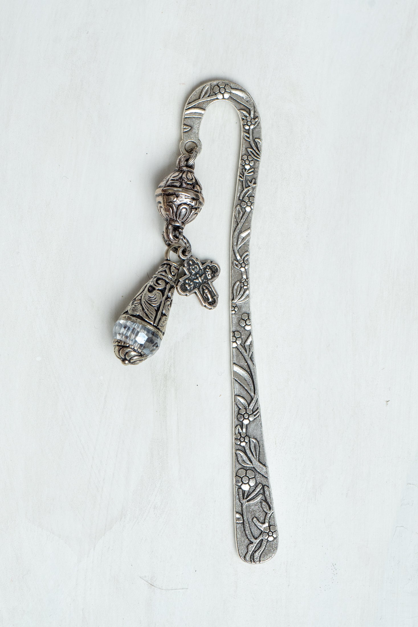 Tibetan Crystal and Cross Charms on a Custom Shepherd's Hook Silvertone Metal Bookmark