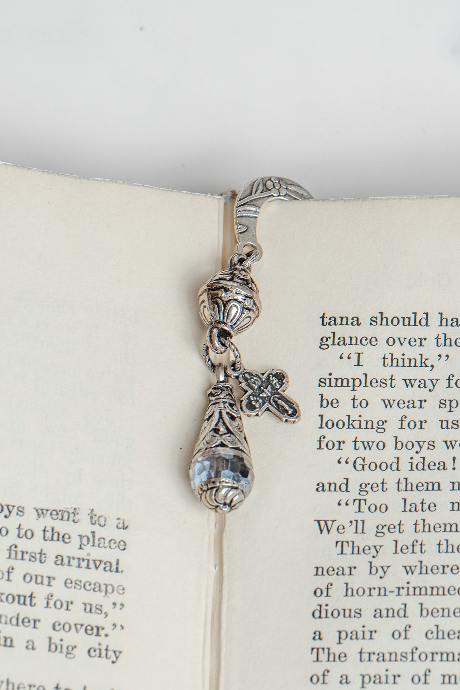 Tibetan Crystal and Cross Charms on a Custom Shepherd's Hook Silvertone Metal Bookmark