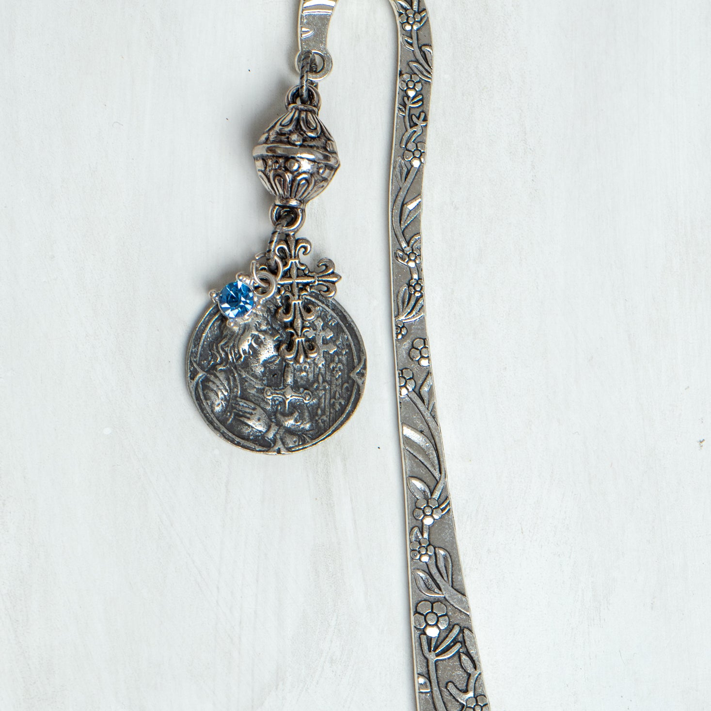 Joan of Arc Medal on Custom Silver Tone Metal Shepherd's Hook Bookmark