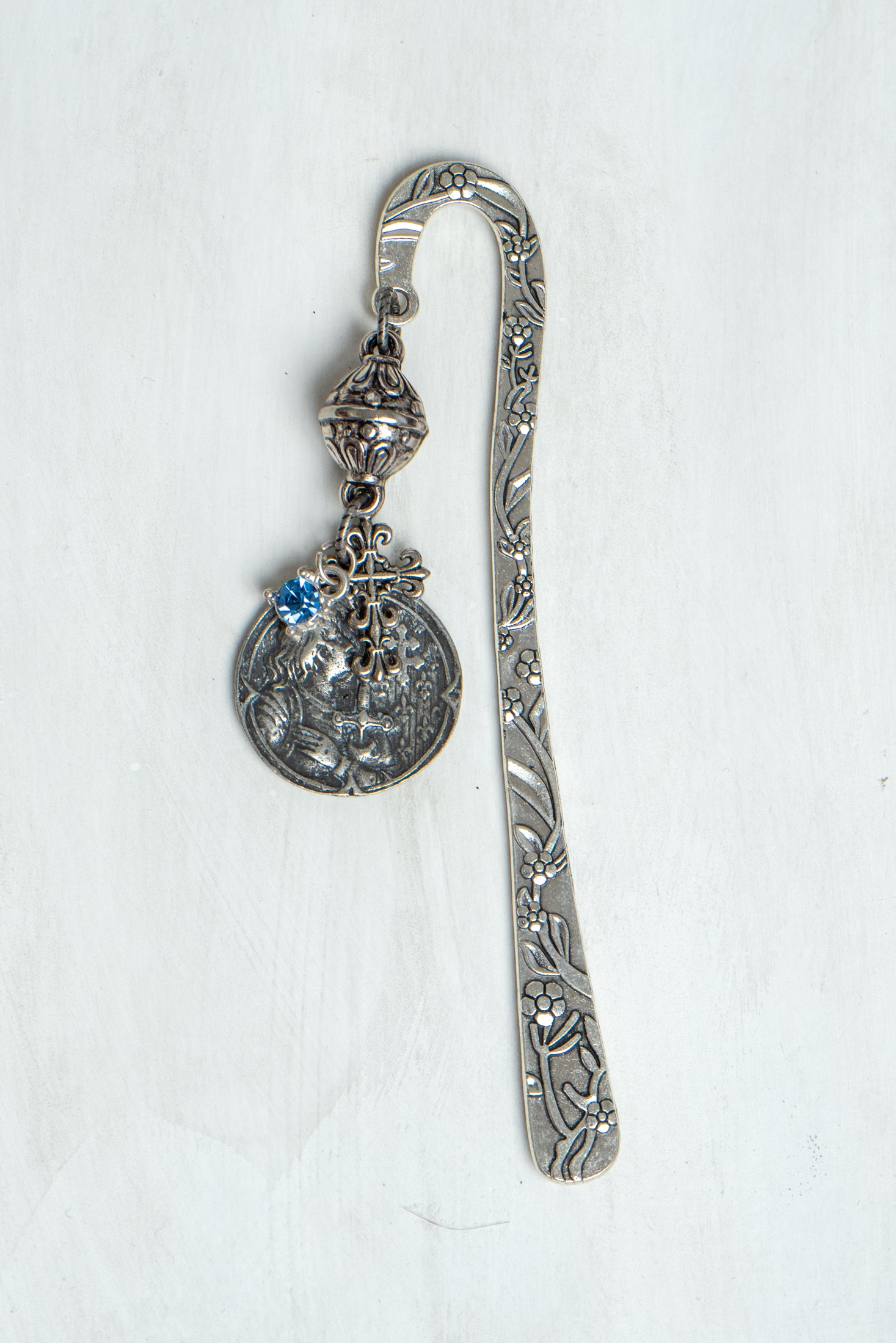 Joan of Arc Medal on Custom Silver Tone Metal Shepherd's Hook Bookmark