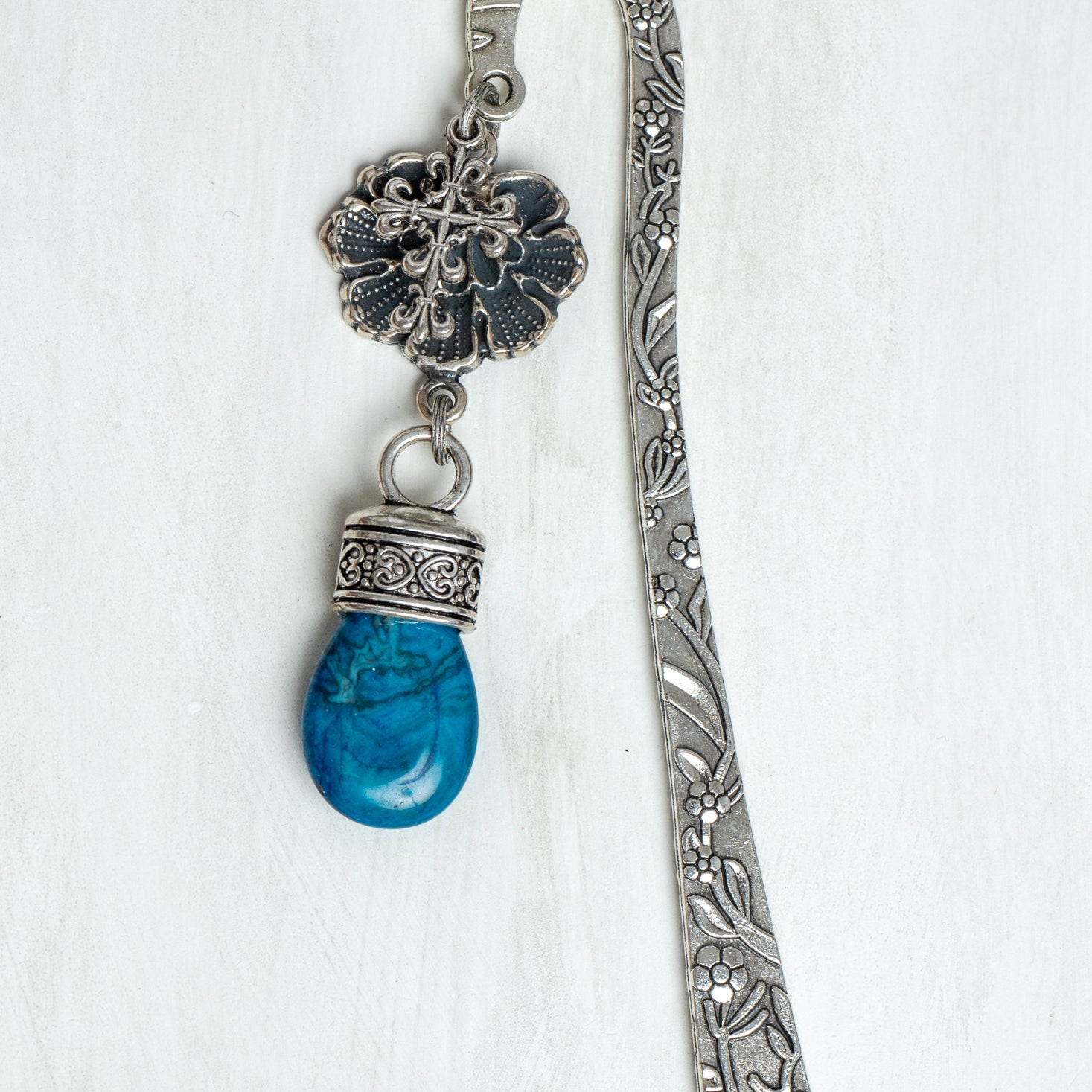 Filigree Cross and Blue Stone Drop on Custom Silver Tone Metal Shepherd's Hook Bookmark