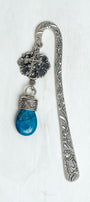 Filigree Cross and Blue Stone Drop on Custom Silver Tone Metal Shepherd's Hook Bookmark