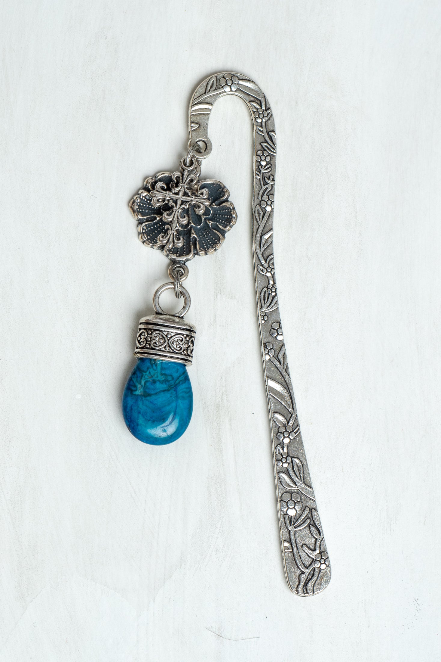 Filigree Cross and Blue Stone Custom Silver Metal Shepherd's Hook Bookmark