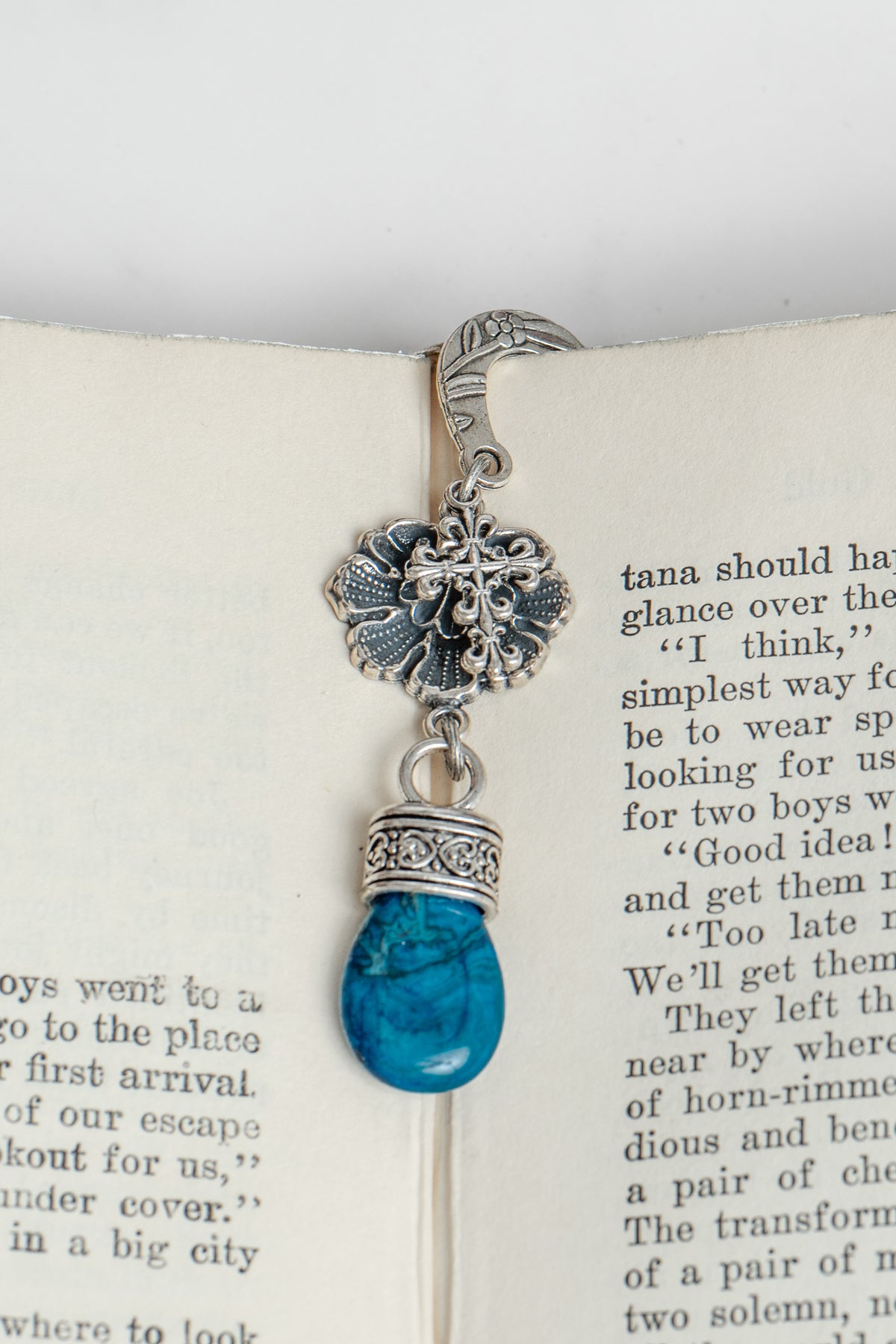 Filigree Cross and Blue Stone Drop on Custom Silver Tone Metal Shepherd's Hook Bookmark