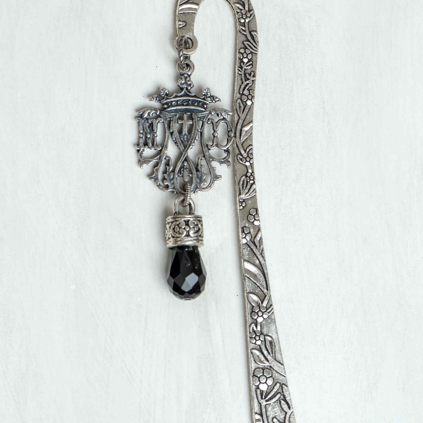 Crown Cross ND Filigree and Crystal Drop on Custom Silver Tone Metal Shepherd's Hook Bookmark
