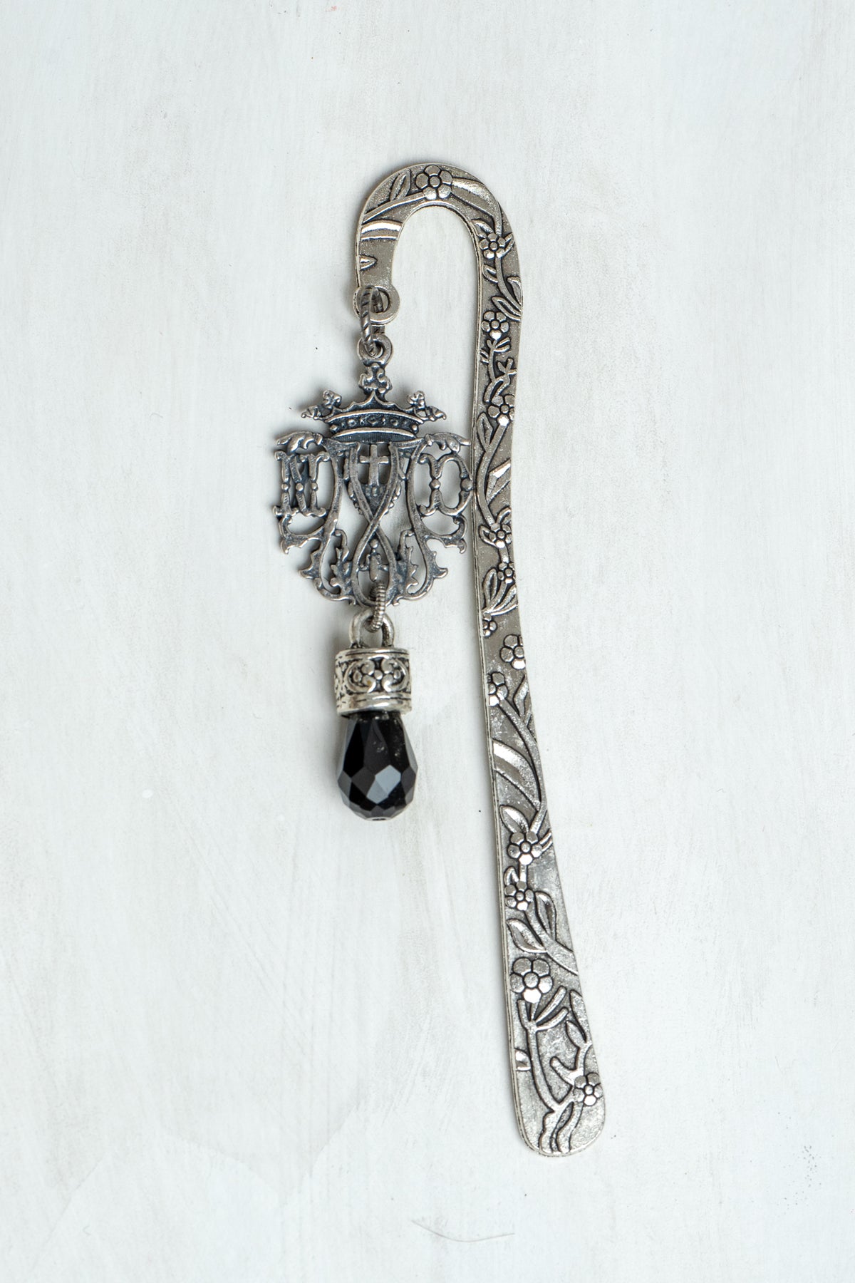 Crown Cross ND Filigree and Crystal Drop on Custom Silver Tone Metal Shepherd's Hook Bookmark