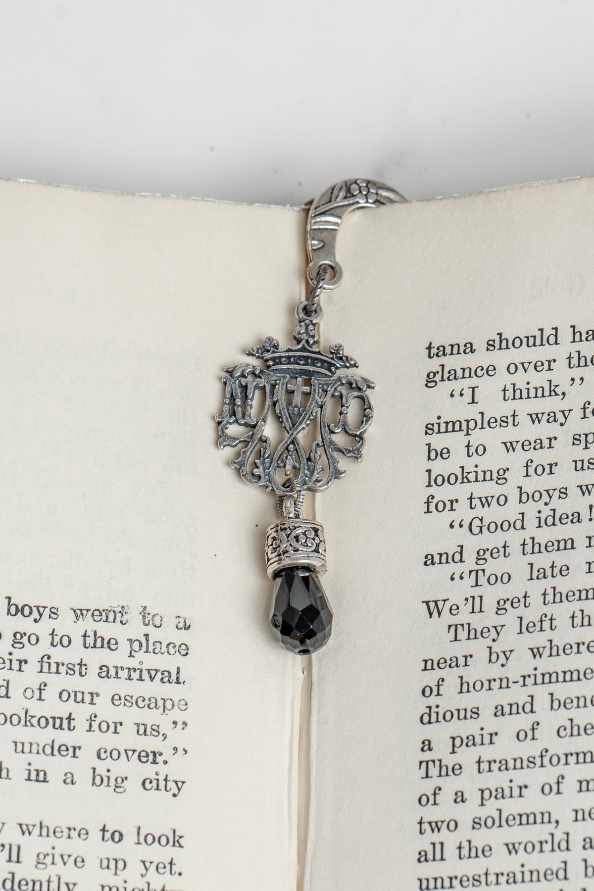 Crown Cross ND Filigree and Crystal Drop on Custom Silver Tone Metal Shepherd's Hook Bookmark