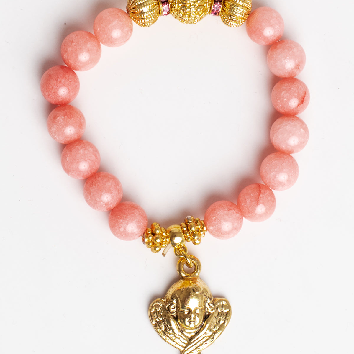 Peach Pink Quartz & Gold Angel Cherub Stretch Bracelet