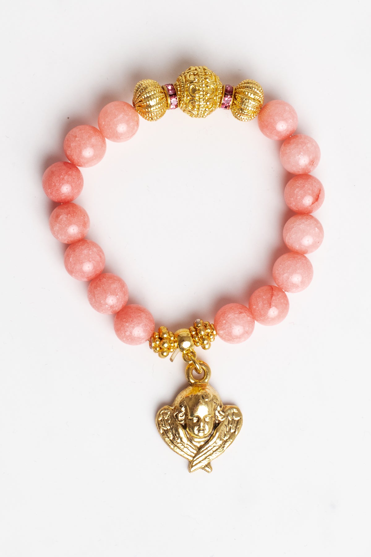 Peach Pink Quartz & Gold Angel Cherub Stretch Bracelet