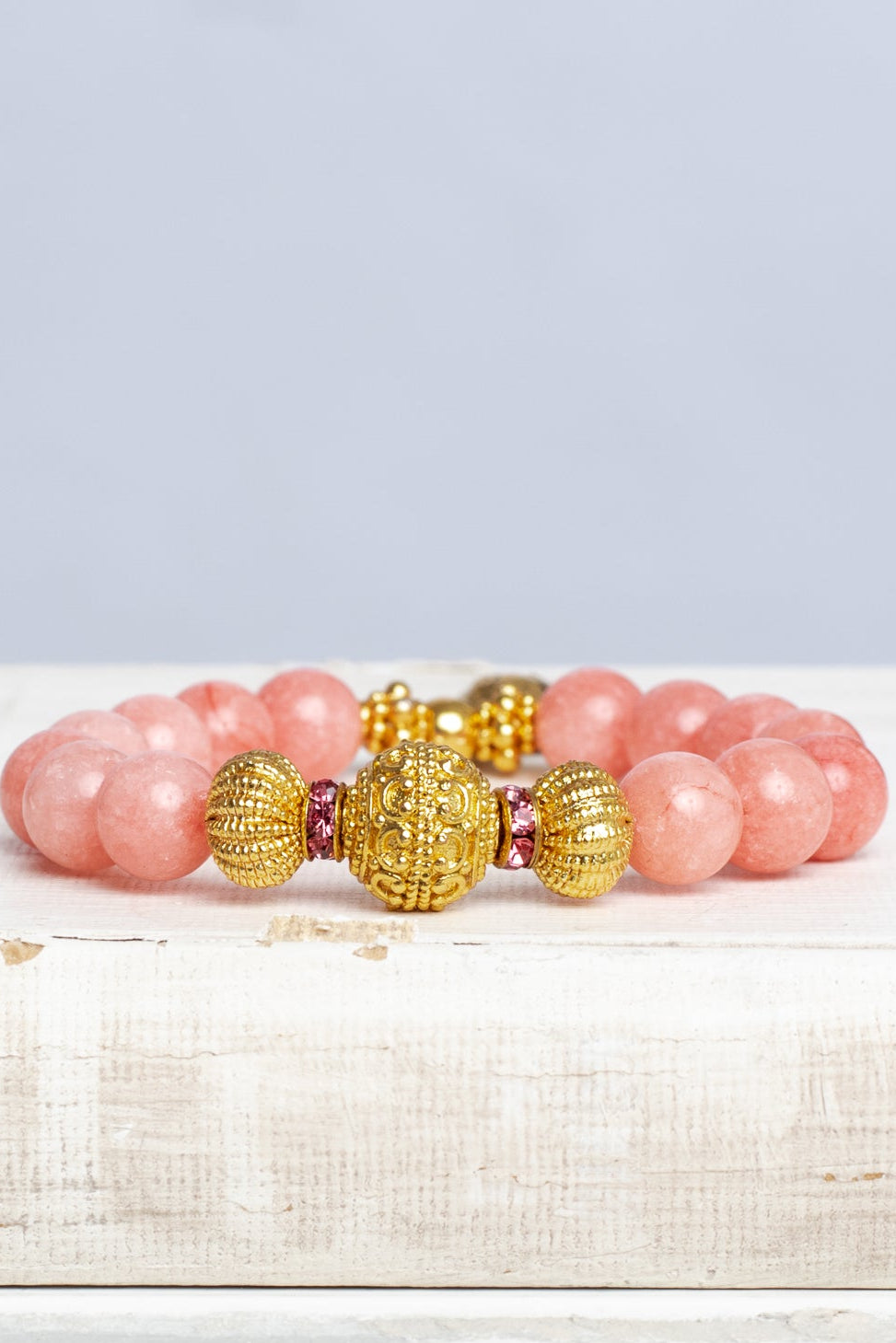 Peach Pink Quartz & Gold Angel Cherub Stretch Bracelet