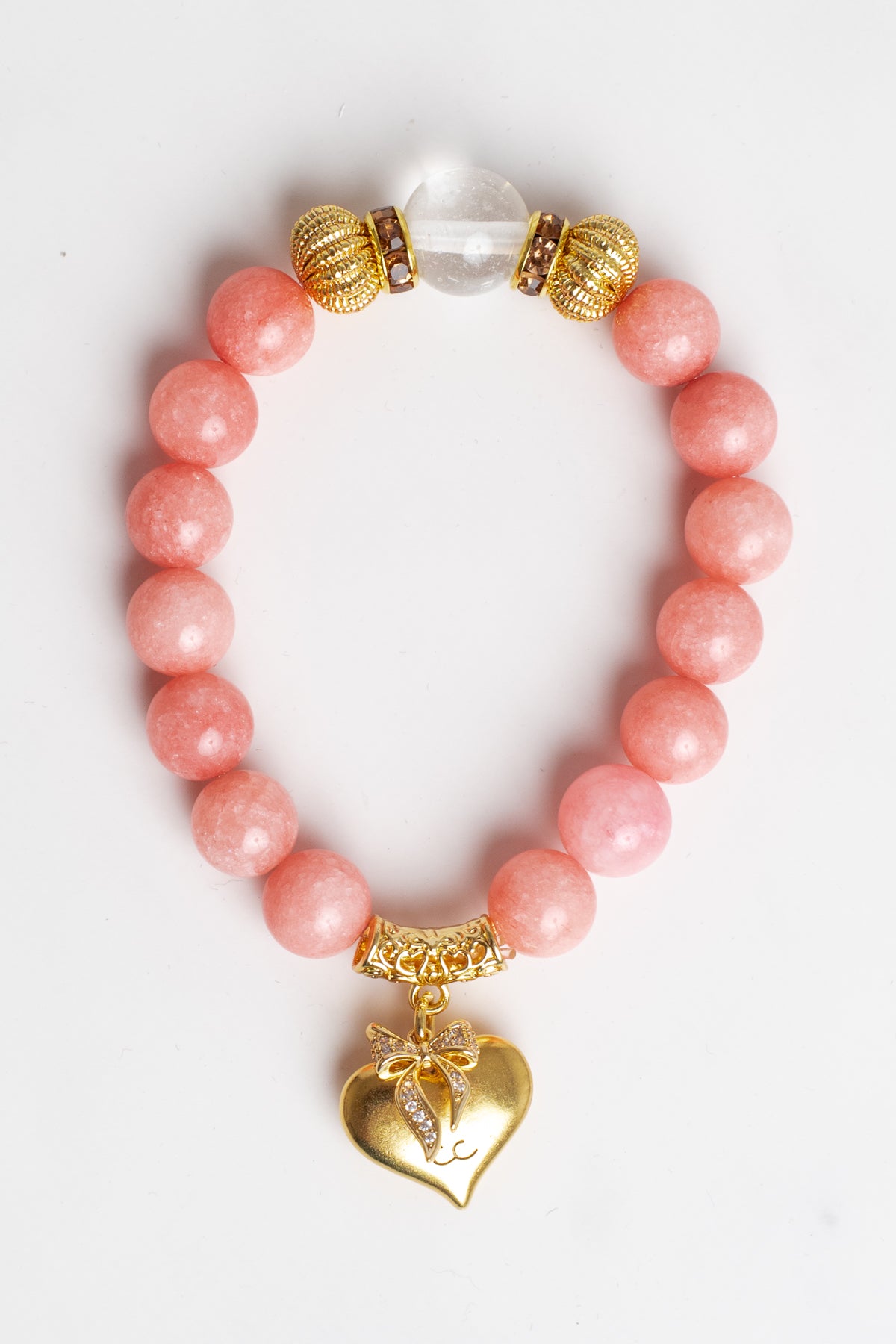 Gold Italian Style Focal Beads on a Stretch Bracelet of Pink Peach Quartz LOVED Heart and Crystal Bow Charms