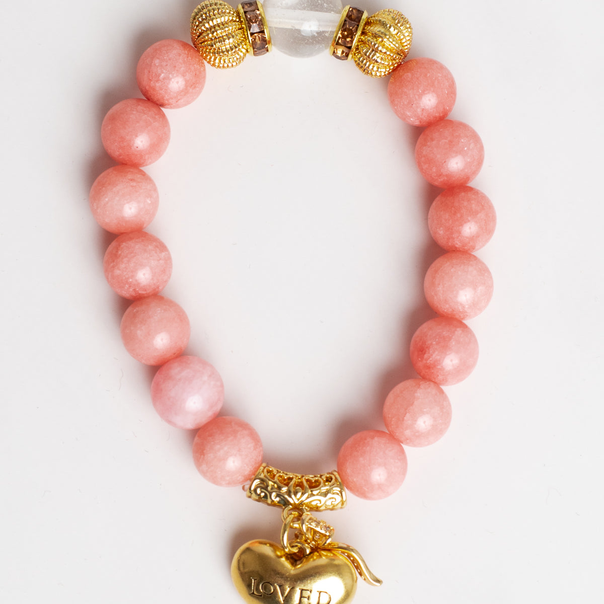 Gold Italian Style Focal Beads on a Stretch Bracelet of Pink Peach Quartz LOVED Heart and Crystal Bow Charms
