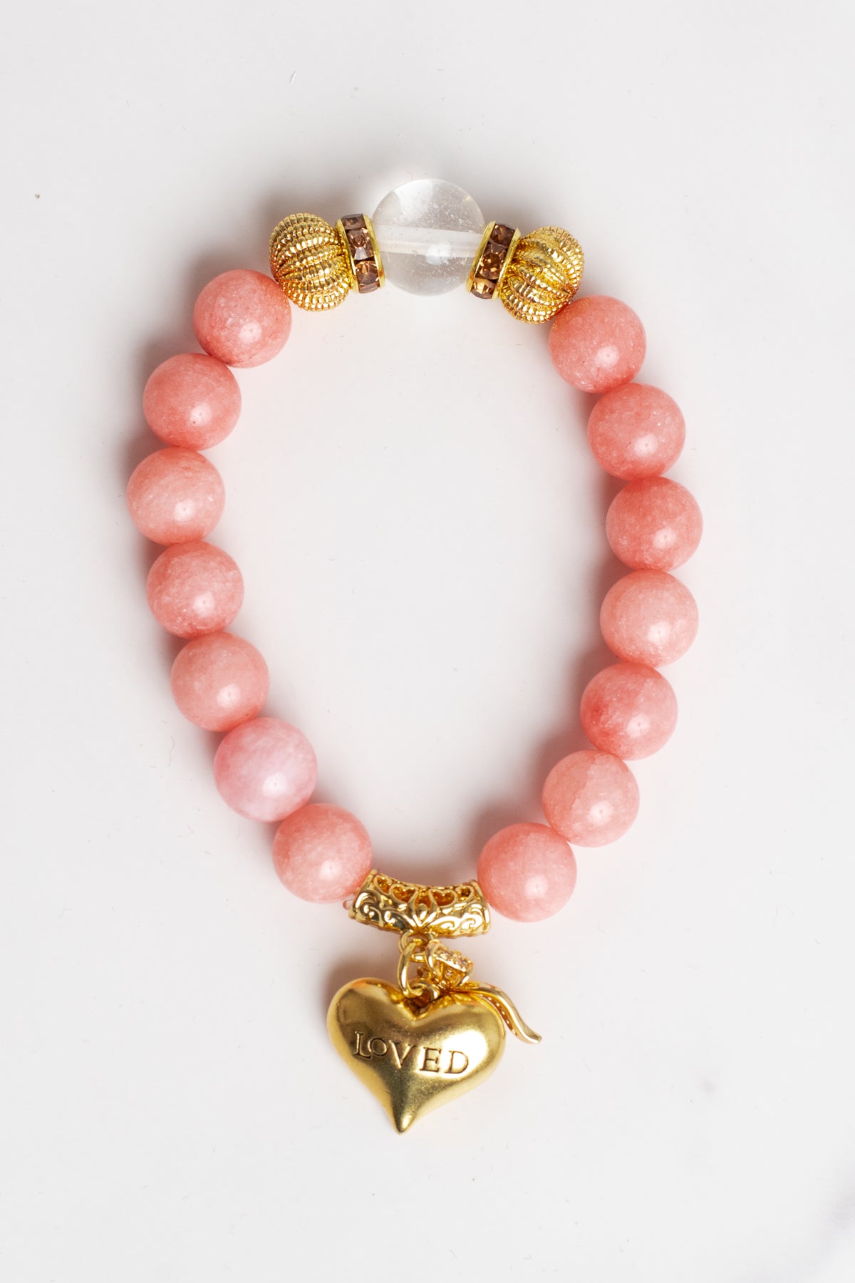 Gold Italian Style Focal Beads on a Stretch Bracelet of Pink Peach Quartz LOVED Heart and Crystal Bow Charms