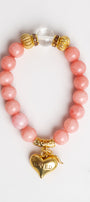Gold Italian Style Focal Beads on a Stretch Bracelet of Pink Peach Quartz LOVED Heart and Crystal Bow Charms