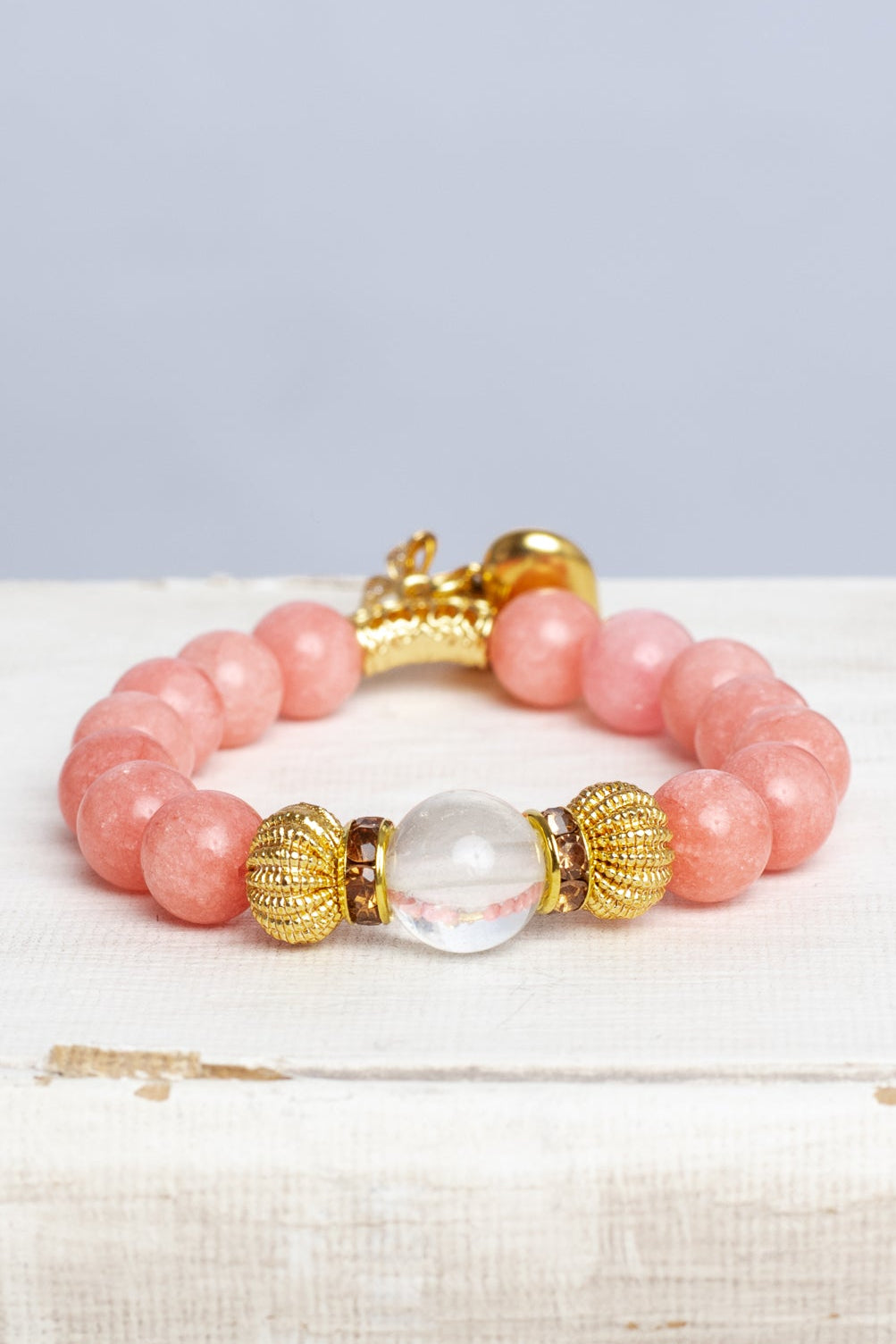 Gold Italian Style Focal Beads on a Stretch Bracelet of Pink Peach Quartz LOVED Heart and Crystal Bow Charms