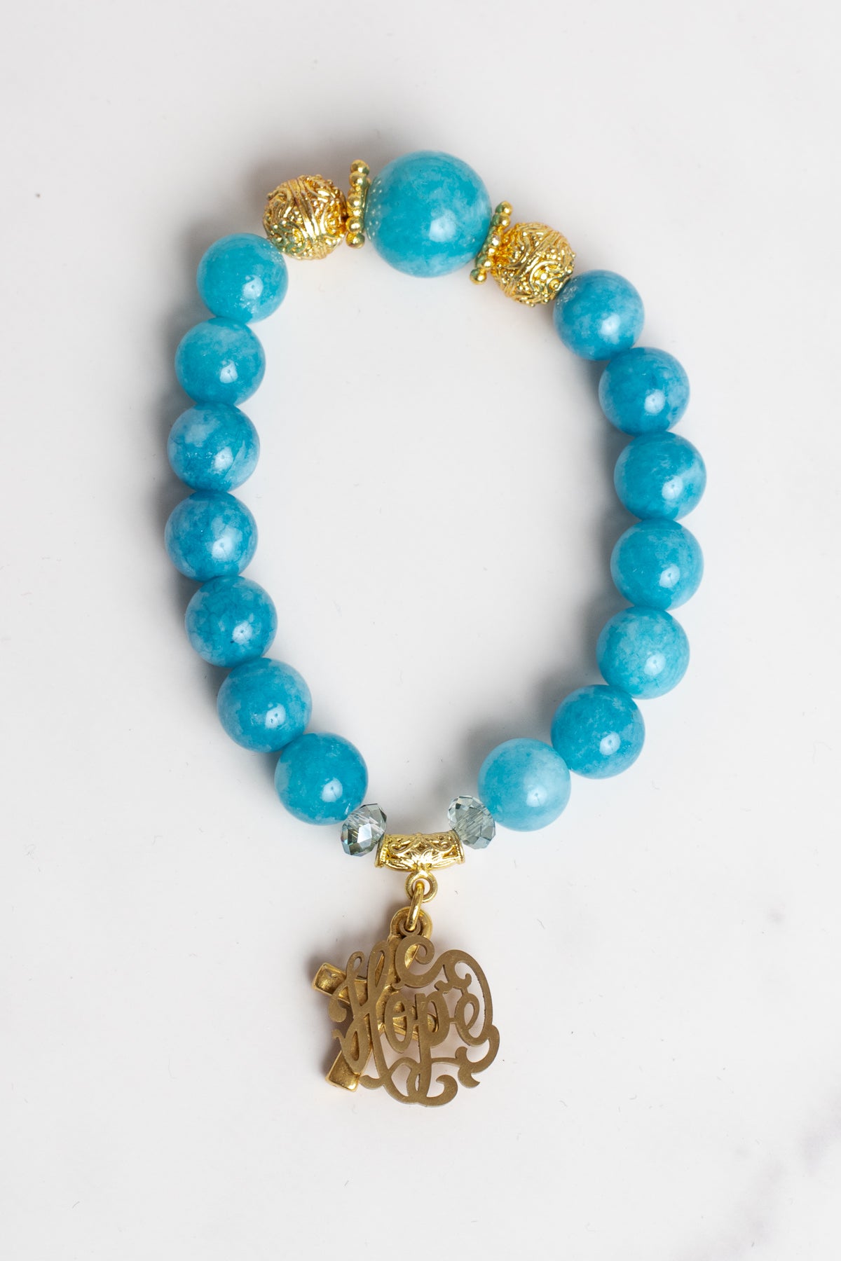 Amazonite Stone Stretch Bracelet with Gold Plated Beads and Charms of a Cross and HOPE
