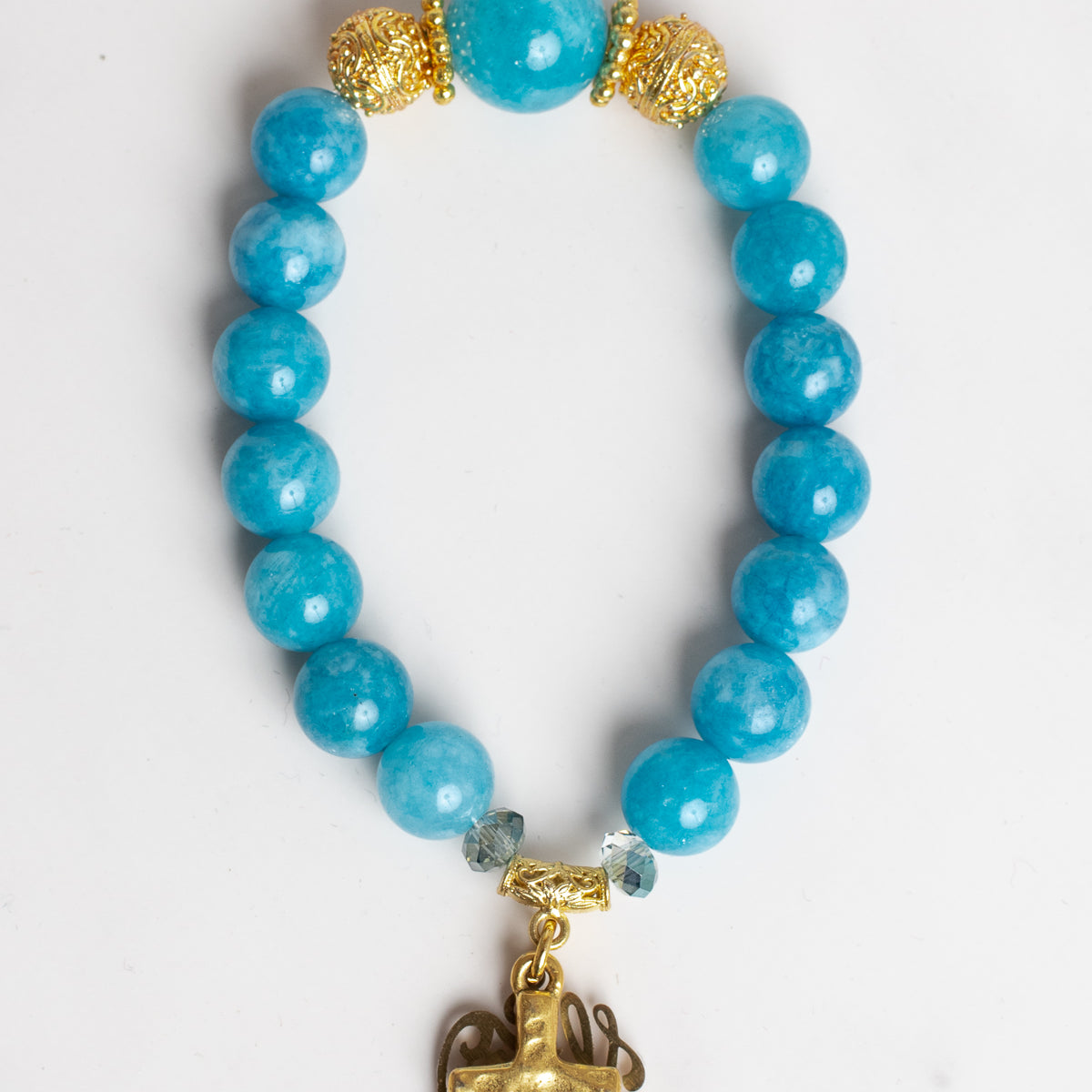 Amazonite Stone Stretch Bracelet with Gold Plated Beads and Charms of a Cross and HOPE