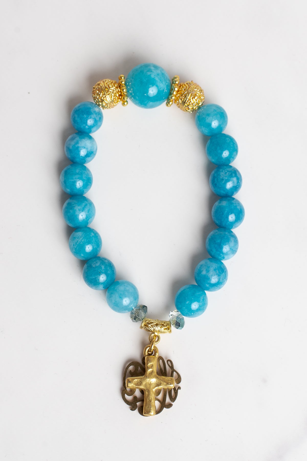 Amazonite Stone Stretch Bracelet with Gold Plated Beads and Charms of a Cross and HOPE