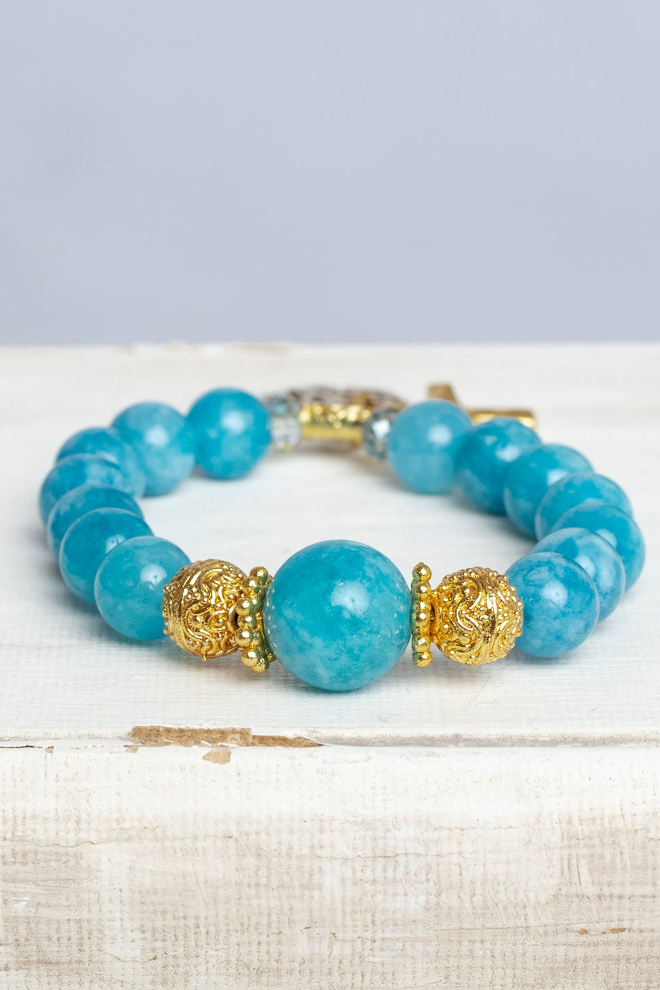 Amazonite Stone Stretch Bracelet with Gold Plated Beads and Charms of a Cross and HOPE