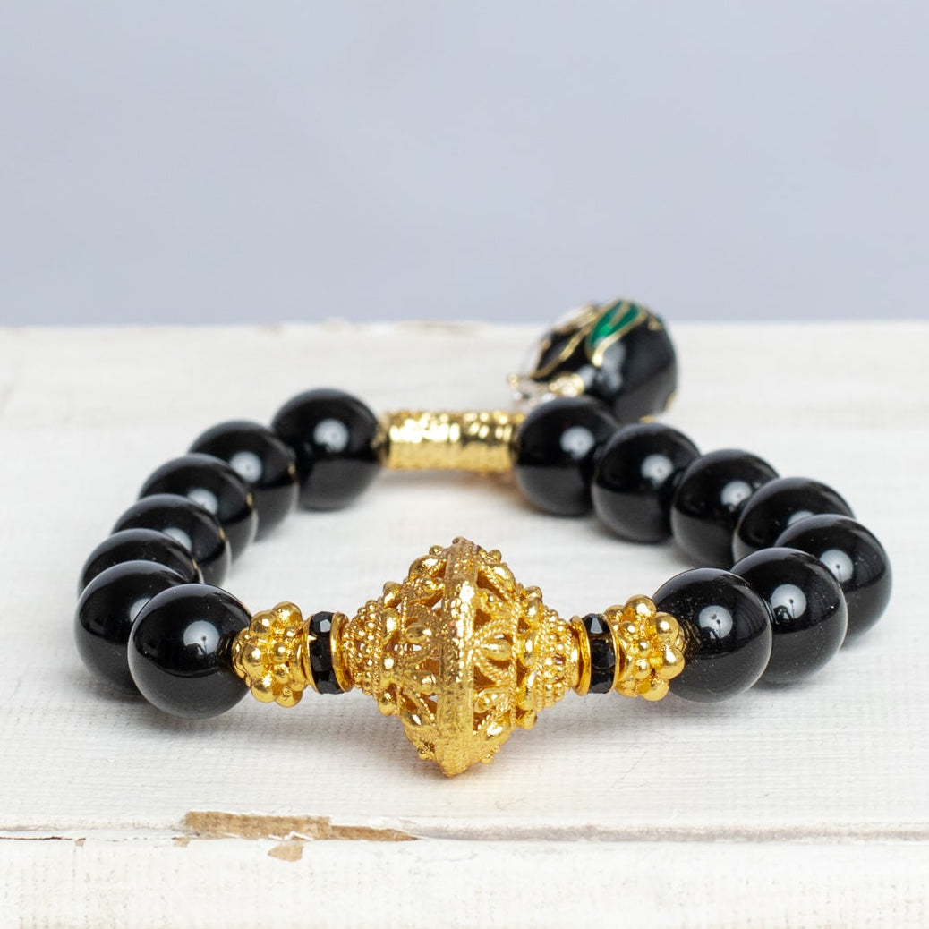 Black Onyx Stone and Gold Bead Stretch Bracelet with Cloisonne Charm and Crystal Bow