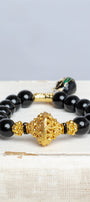 Black Onyx Stone and Gold Bead Stretch Bracelet with Cloisonne Charm and Crystal Bow